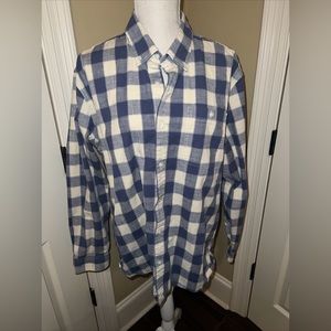 VINTAGE LL Bean Shirt Mens Large Blue White Plaid Flannel Traditional Fit 90s